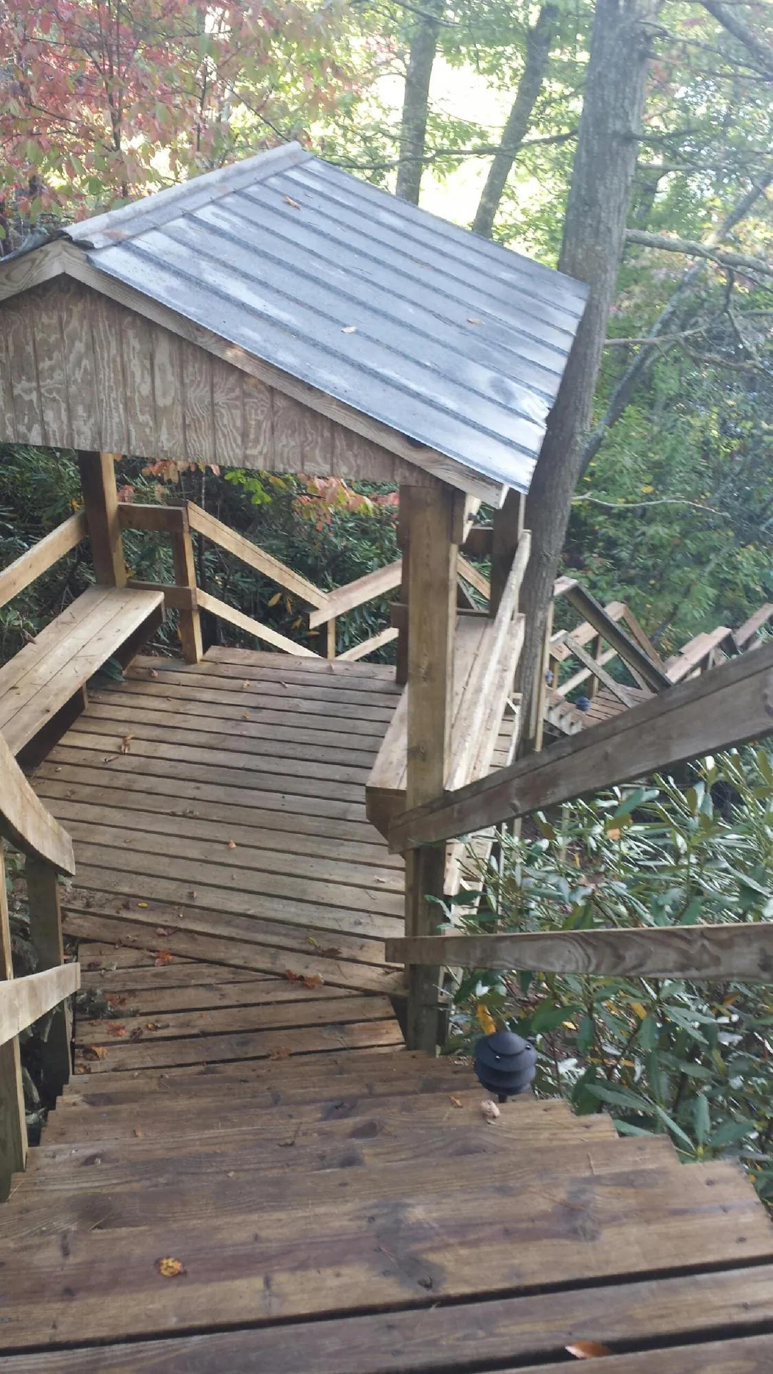 Metal roofed shelter over wooden steps on a wooded walkway — Skylight Repair & Installation work by our crew in Cabins